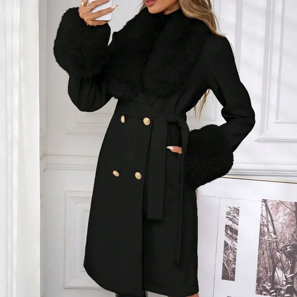 Black Elegant Women's Double-Breasted Belted Faux Fur Trimmed Wool Coat - Picture 2 of 7